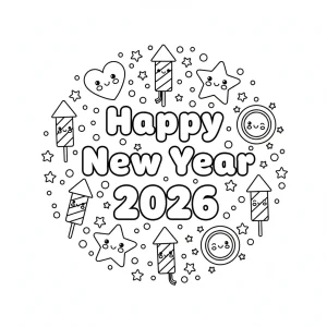 Easy Happy New Year 2026 Kids Coloring Page - Free Printable