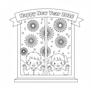 Creative Happy New Year 2026 Kids Coloring Page - Free Printable