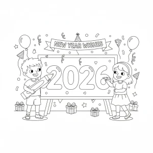 Classic Happy New Year 2026 Kids Coloring Page - Free Printable