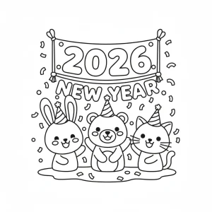 Basic Happy New Year 2026 Kids Coloring Page - Free Printable