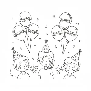 Detailed Happy New Year 2026 Kids Coloring Page - Free Printable