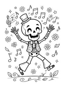 cute-dancing-skeleton-music-notes-halloween-coloring-page FREE Printable Coloring Page