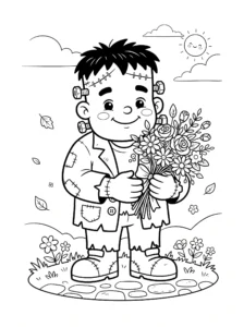 cute-frankenstein-holding-flowers-halloween-coloring-page FREE Printable Coloring Page