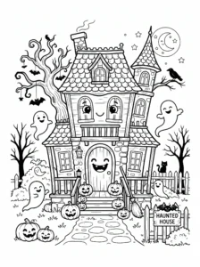 cute-friendly-haunted-house-smiling-ghosts-coloring-page FREE Printable Coloring Page