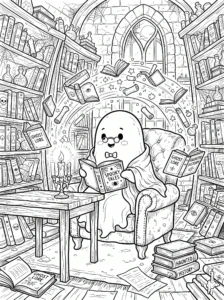 cute-ghost-reading-spooky-tales-armchair-library-coloring-page FREE Printable Coloring Page