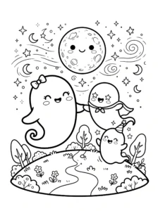 cute-ghosts-smiling-moon-night-sky-coloring-page FREE Printable Coloring Page
