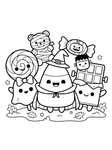 cute-halloween-candy-characters-sweets-coloring-page FREE Printable Coloring Page