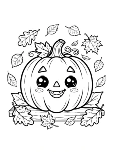 cute-kawaii-pumpkin-autumn-leaves-coloring-page FREE Printable Coloring Page