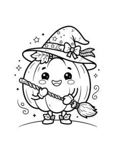 cute-kawaii-pumpkin-witch-hat-broomstick-coloring-page FREE Printable Coloring Page