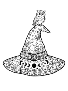 cute-owl-witch-hat-moon-phases-coloring-page FREE Printable Coloring Page