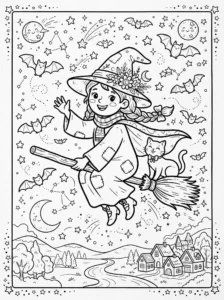 cute-witch-flying-broomstick-cat-night-sky-coloring-page FREE Printable Coloring Page