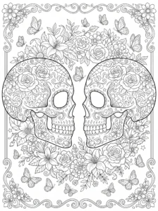 day-of-the-dead-sugar-skulls-roses-butterflies-coloring-page FREE Printable Coloring Page
