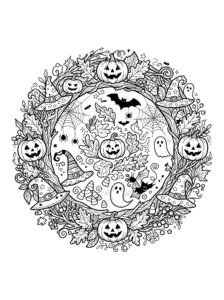 halloween-wreath-mandala-pumpkins-witch-hats-coloring-page FREE Printable Coloring Page