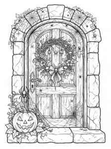 haunted-front-door-spider-web-skull-wreath-coloring-page FREE Printable Coloring Page