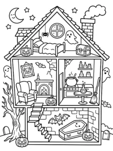 haunted-house-cutaway-interior-rooms-coloring-page FREE Printable Coloring Page