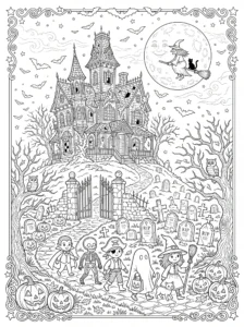 kids-trick-or-treating-haunted-mansion-halloween-coloring-page FREE Printable Coloring Page