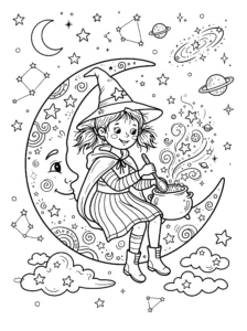 little-witch-brewing-potion-crescent-moon-coloring-page FREE Printable Coloring Page
