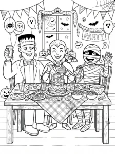 monsters-halloween-party-dinner-table-coloring-page FREE Printable Coloring Page