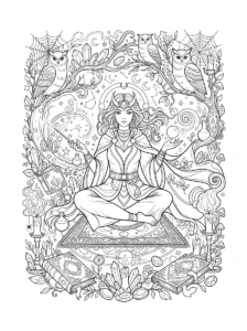 moon-goddess-witch-meditating-crystals-owls-coloring-page FREE Printable Coloring Page