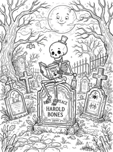 skeleton-reading-book-graveyard-halloween-coloring-page FREE Printable Coloring Page