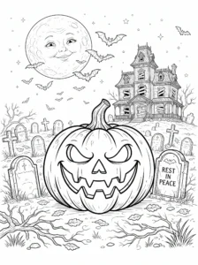 spooky-jack-o-lantern-graveyard-haunted-house-coloring-page FREE Printable Coloring Page