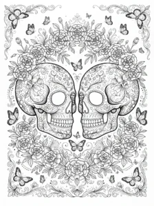 sugar-skulls-marigold-flowers-day-of-the-dead-coloring-page FREE Printable Coloring Page