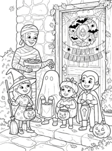 trick-or-treat-kids-costumes-mummy-door-coloring-page FREE Printable Coloring Page