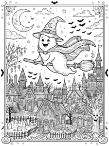 witch-ghost-flying-broomstick-haunted-village-coloring-page FREE Printable Coloring Page