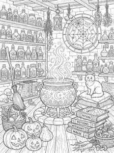 witch-potion-room-cauldron-cat-halloween-coloring-page FREE Printable Coloring Page