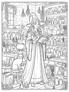 witch-reading-spellbook-apothecary-potion-room-coloring-page FREE Printable Coloring Page